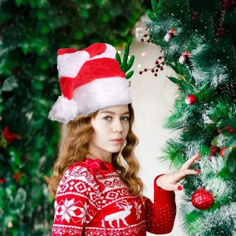 Christmas Hat For Adult Kids Thicken Soft Plush Hat Santa Claus Red Green Stripe Cap Merry Christmas New Year Party Decoration