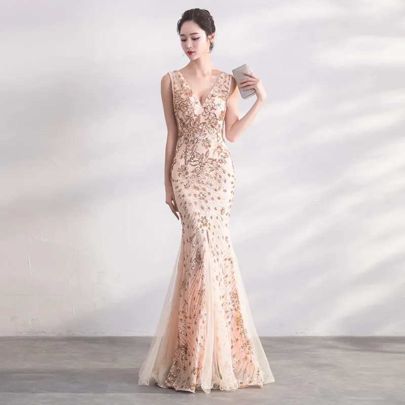 

Evening Dress Summer Women's Trumpet Sequins Skirt 2022 New Elegant Slim Long Perspective Party Princess V-Neck Clothing