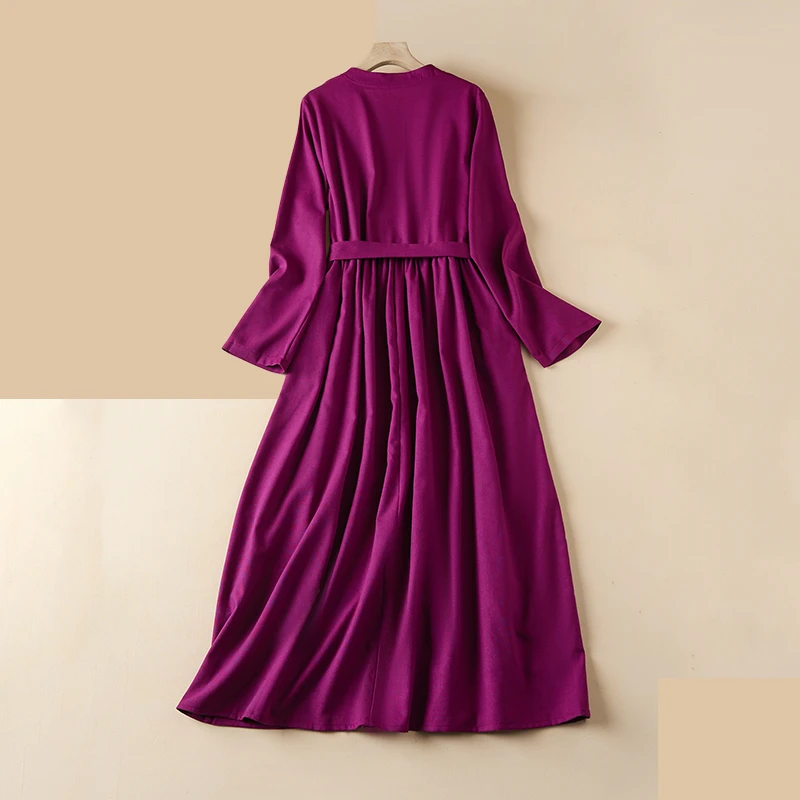 Autumn Winter Cotton Linen Embroidery Long Sleeve Dresses For Women Vintage Casual Loose Elegant Dress Ladies Fashion Clothing