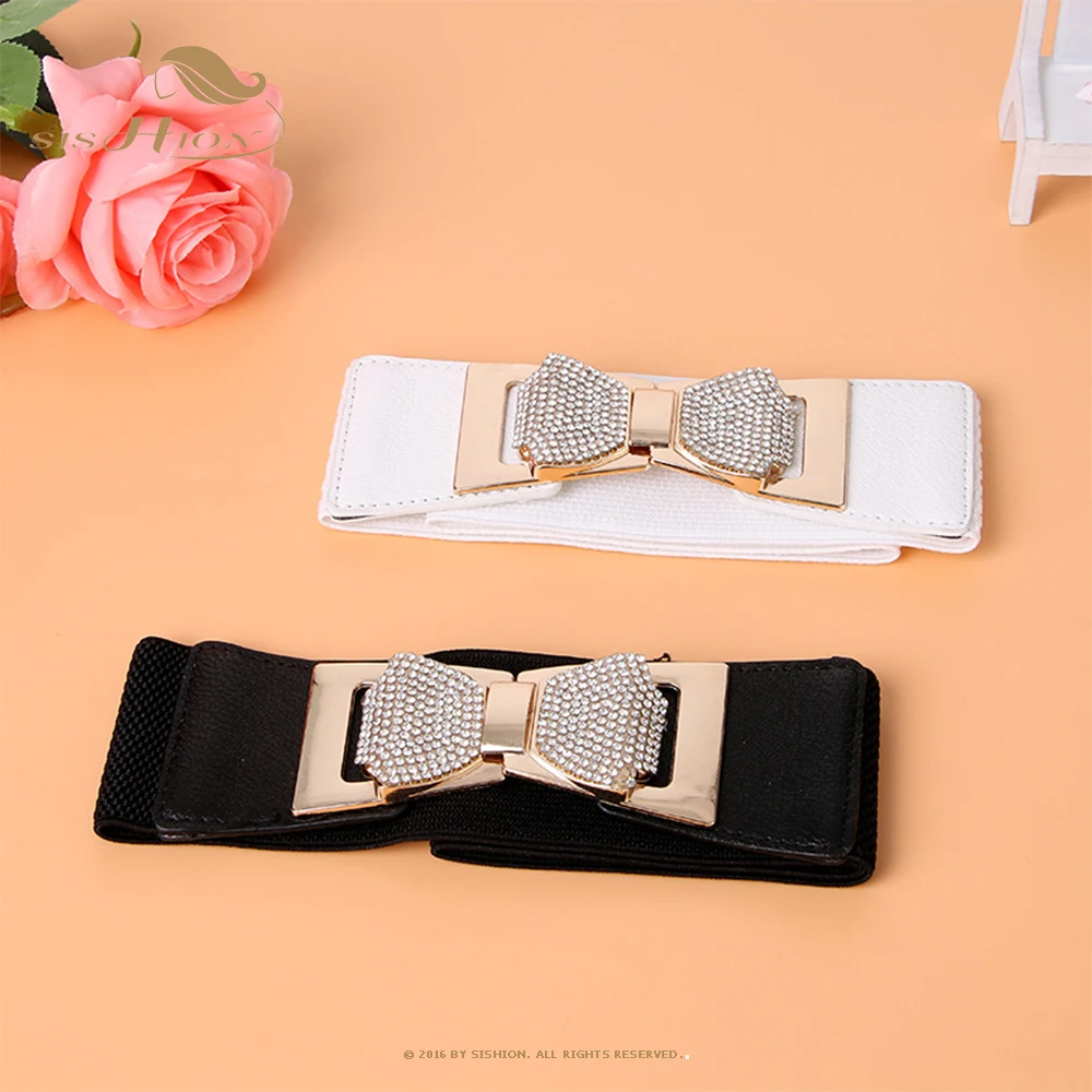 

SISHION Wide Elastic Beadings Pretty Waist Belts SCB0098 Vintage Casual Women PU Leather Corset Slim Black White Belts