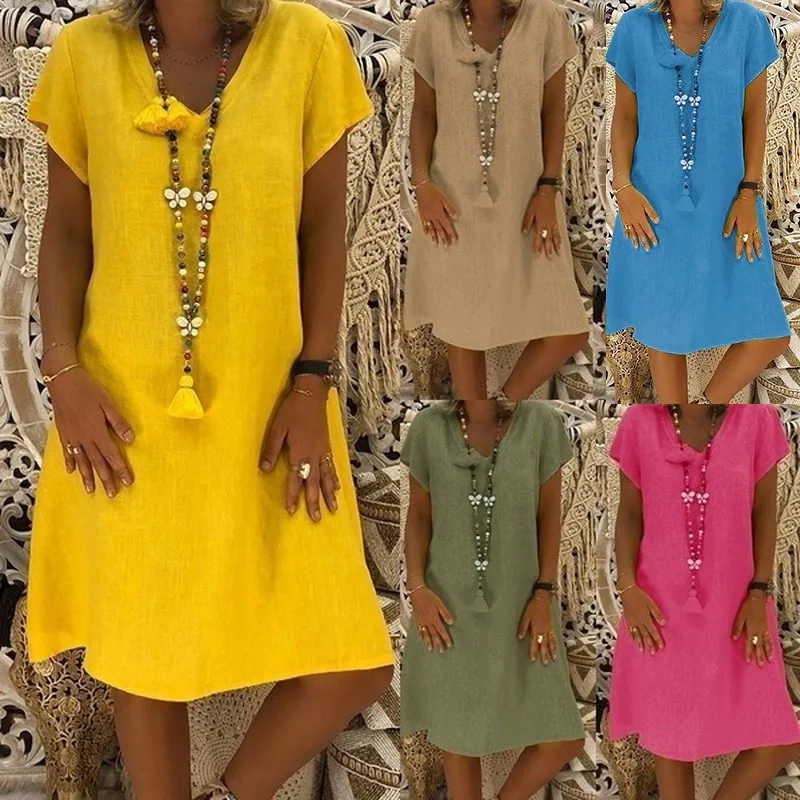 

Boho Cotton Linen Dress Women Summer 2023 Short Sleeve V-Neck Tops Casual Loose Dress Female Street T-shirt Dress Vestidos