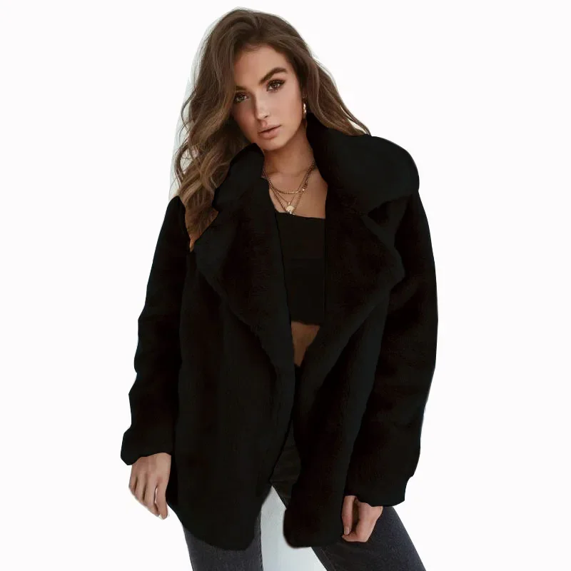 2021 European and American Fashion Autumn and Winter Sexy Long-sleeved Warm Women's Plush Lapel Slim Solid Color Jacket Women