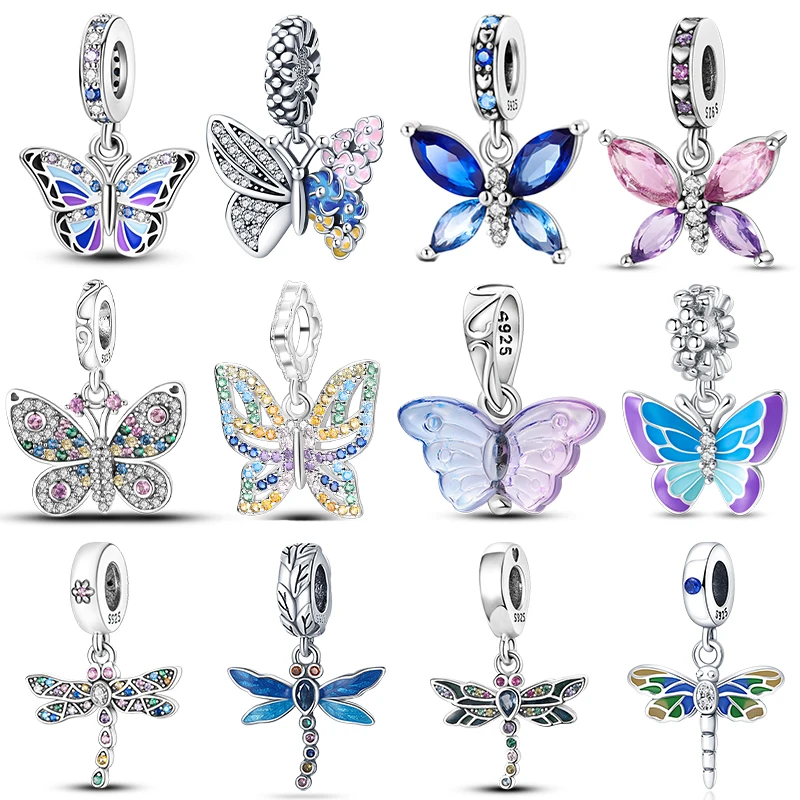 Fit Pandora 925 Original Bracelets 925 Silver Colorful Dragonfly Flower Gem Butterfly Charms Beads Fine DIY Jewelry Making Gifts