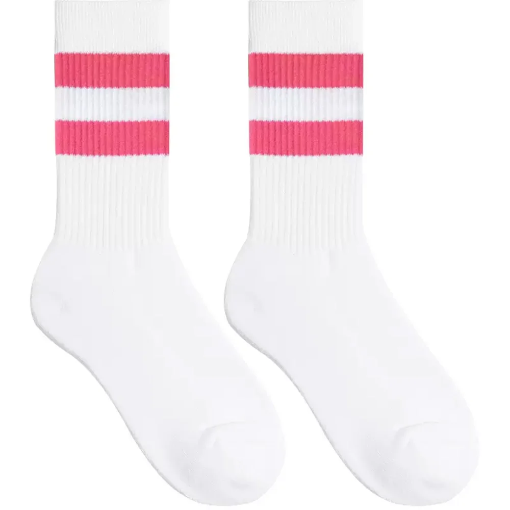 Men's Two Stripes Black and White Striped Sports Socks Medium Tall Fitness Towel Bottom Cotton Socks