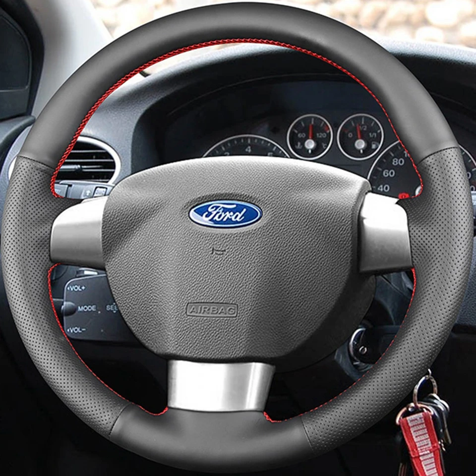 Schwarze Kunstleder lenkrad abdeckungen hand genähte Auto lenkrad abdeckung für Ford Focus 2 2008-2015 (3-Speichen) – Detail 1