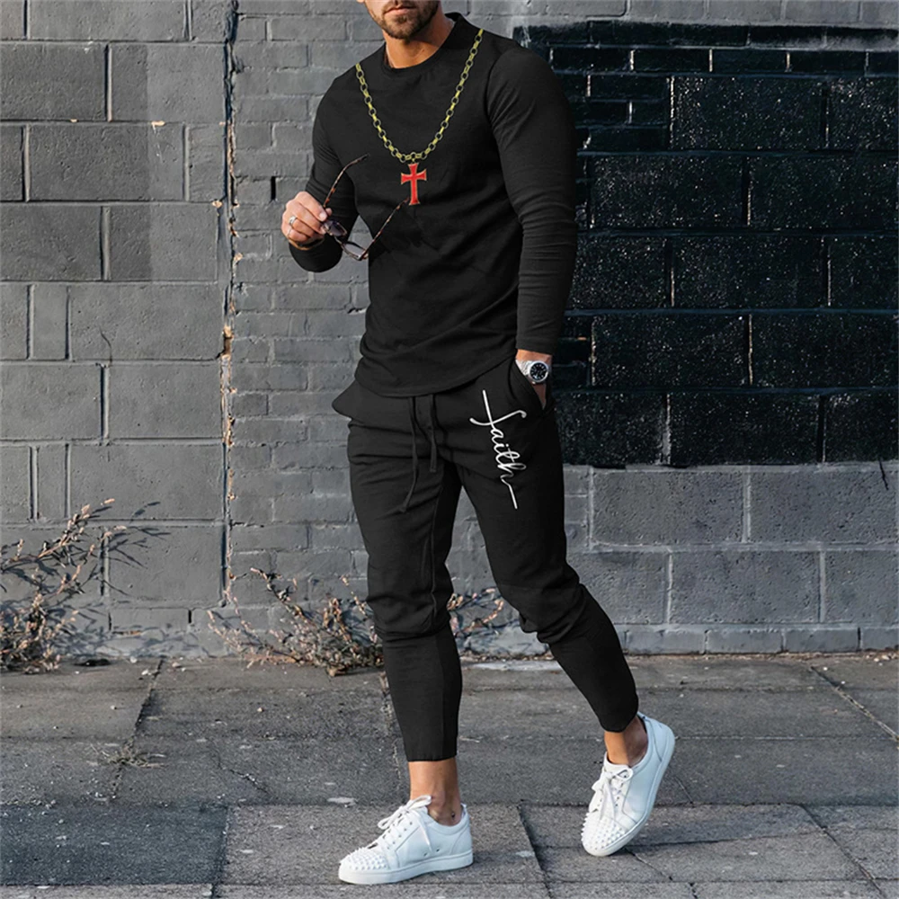 thumbnail image 1 of Conjuntos de dos piezas de moda de primavera y otoño para hombre, camisetas con estampados gráficos y pantalones ajustados, trajes para hombre, ropa informal, trajes de calle, 1 of 5