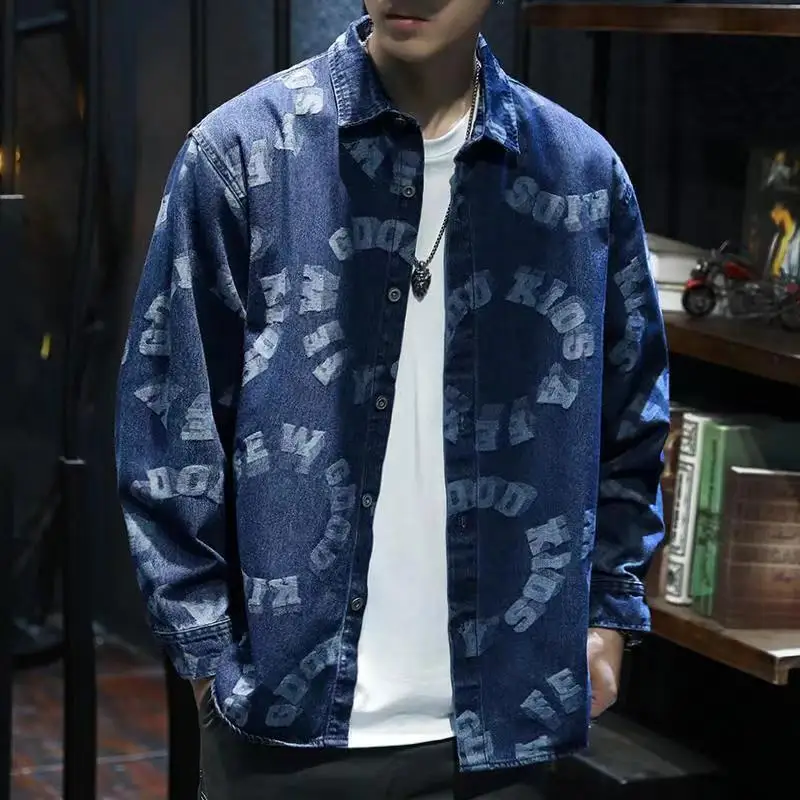2023 Spring Autumn New Vintage Printing Turn-down Collar Long Sleeve Shirt Man Cotton Loose All-match Single Breasted Cardigan