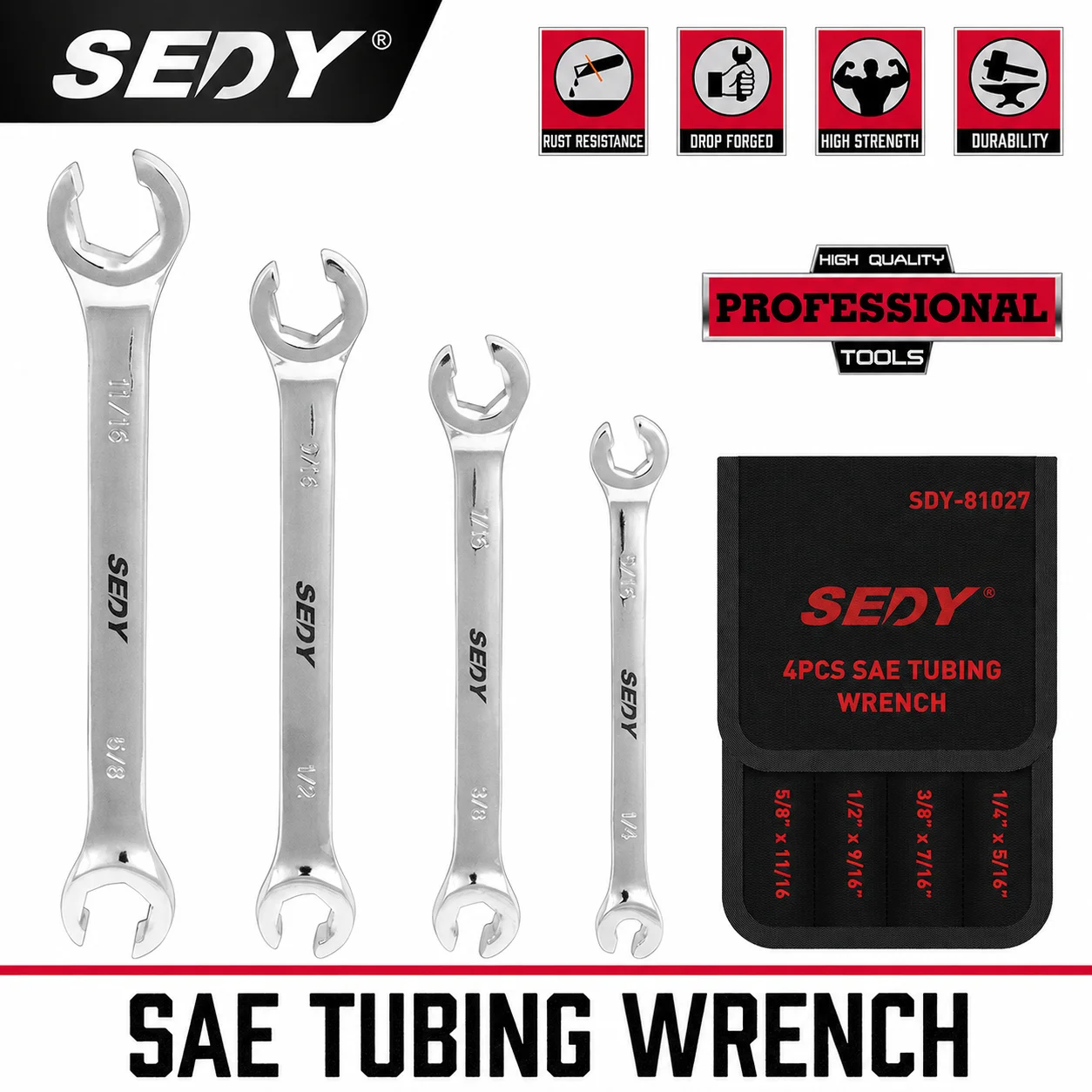 SEDY 4-teiliger SAE Flare-Mutternschlüsselsatz, 1/4"-11/16" Offset-Bremsleitungsschlüssel mit Aufbewahrungstasche für Autoreparaturen