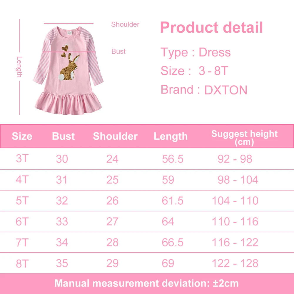 DXTON Autumn Children Dress Striped Long Sleeve Kids Dress For Girls Sequin Rabbit Cotton Toddlers Casual Girls Clothing 3-8T