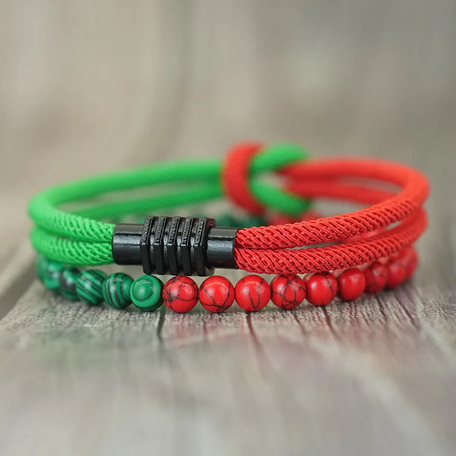 Green Red Howlite Beaded Christmas Bracelet Set For Men