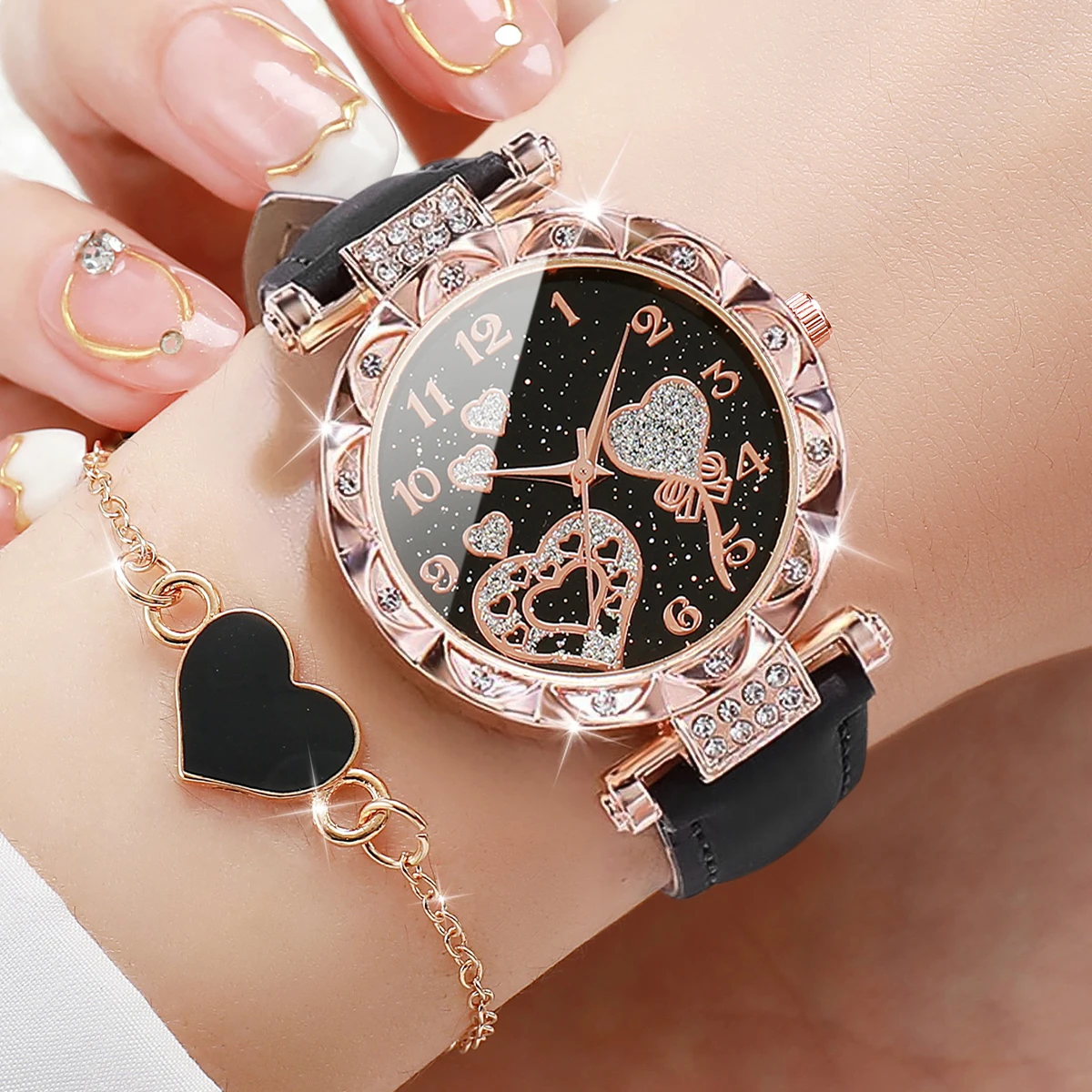 4PCs/Set Ins Style Women's Fashion Love Watch Leather Strap Quartz Watch With Bracelet
