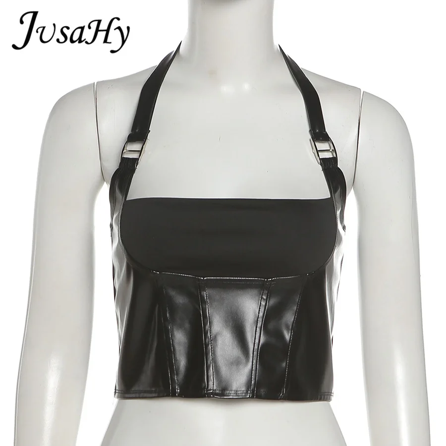 JuSaHy Y2K Patchwork Faux PU Material Crop Top für Frauen Mode Ärmellose Halter Zipper Tops Leibchen Casual Streetwear Neue – Detail 6