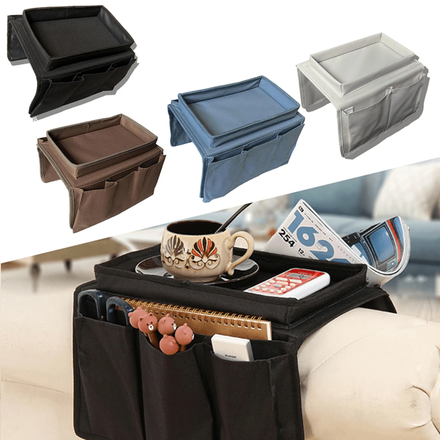 Armrest Organizer for Sofa/Couch with 4 Pockets, Cup Holder Tray-TV Control, Cellphone Bag-Armchair Hanging Organizer