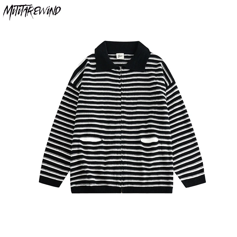 

Japanese Vintage Stripe Sweater Couple Casual Long Sleeve Knitted Knitwear Zipper Korean Turn Down Collar Zipper Streetwear Tops