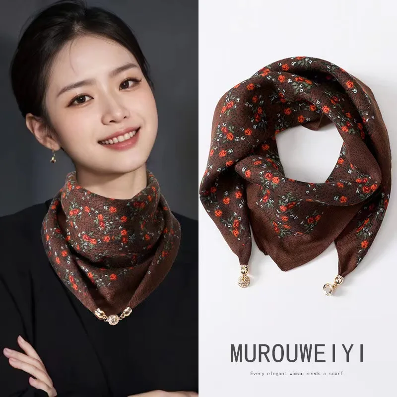 Women's Cotton Scarf Magnetic Button Square Triangle Spring Autumn Winter Western Style