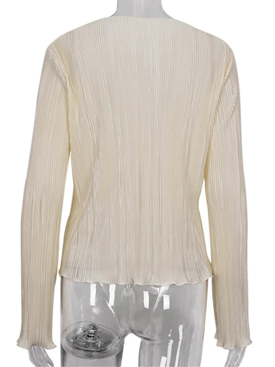 2024 New Women Pleated Plain Shirts Spring Fall Chic Long Flare Sleeve V- Neck Tie Up Cardigans Tops for Casual Party Street