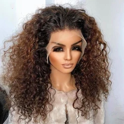 Soft 26 "Long Ombre Honey Blonde Brown 180Density Kinky Curly Lace Front Wig For Black Women BabyHair Glueless Preplucked Daily