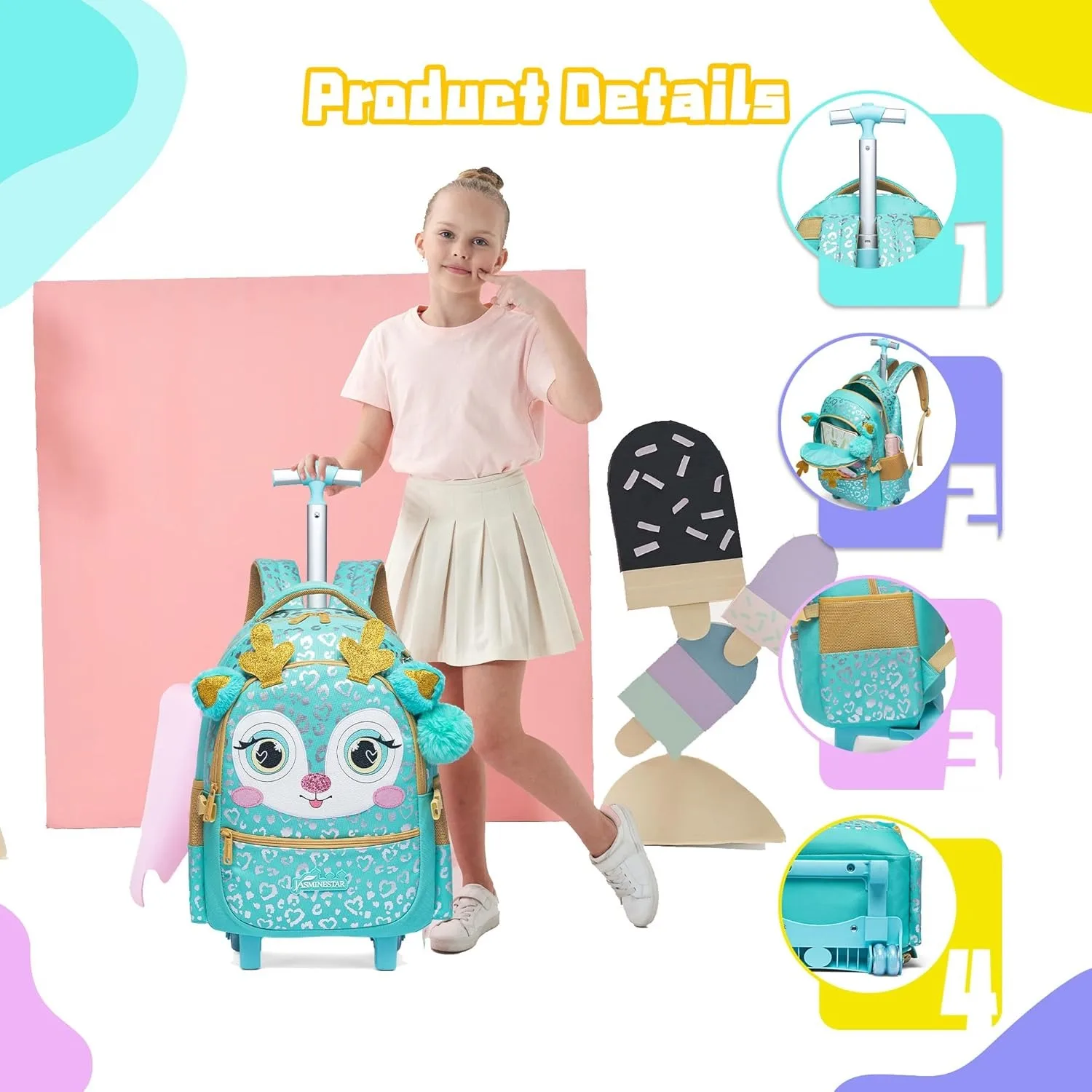 Rollrucksack für Mädchen mit Rädern, Kinderrucksack auf Rollen, Schulranzen-Set mit isolierter Lunchbox, Kinderreisetasche – Detail 5