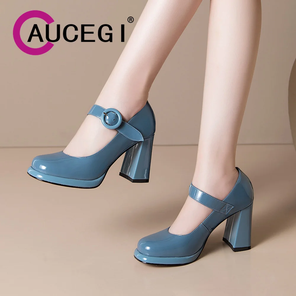 

Aucegi Mary Janes Vintage Black Blue Pumps Woman Buckle Casual Thick High Heels Office Ladies Solid Elegant Korean 2024 Shoes