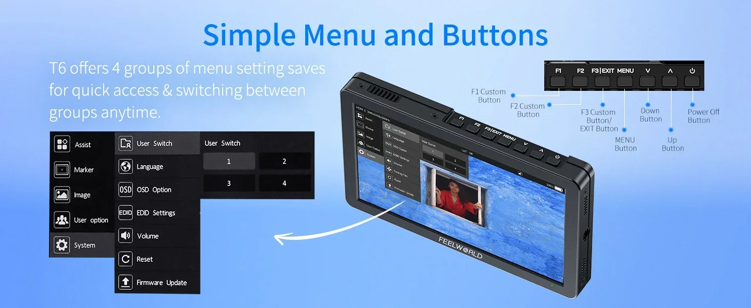 FEELWORLD T6 6Inch On-camera Field Monitor 3D LUT 4K HDMI 1920x1080 IPS Aluminum