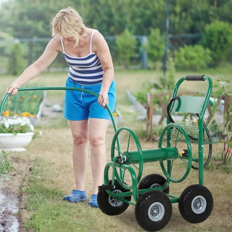 Hose Reel Hold Up To 300 Ft Heavy Duty Garden Hose Reel Sturdy Water Hose Reel Cart 4 Wheels Storage Basket Garden Lawn Yard 2