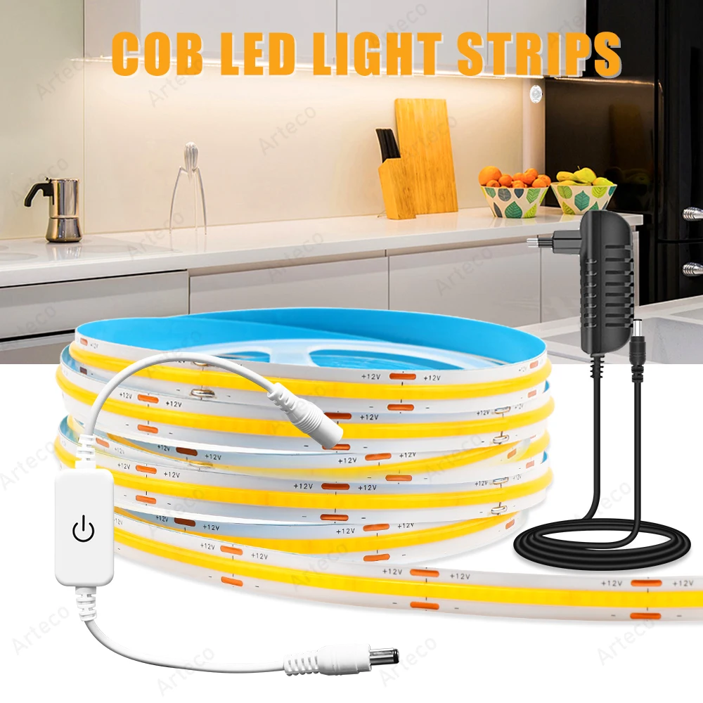 COB Led Strip Lights PIR Motion Sensor COB Strip 12V Flexible Tape Ribbon 3000K 4000K 6000K Touch Dimmer Switch For Kitchen Room