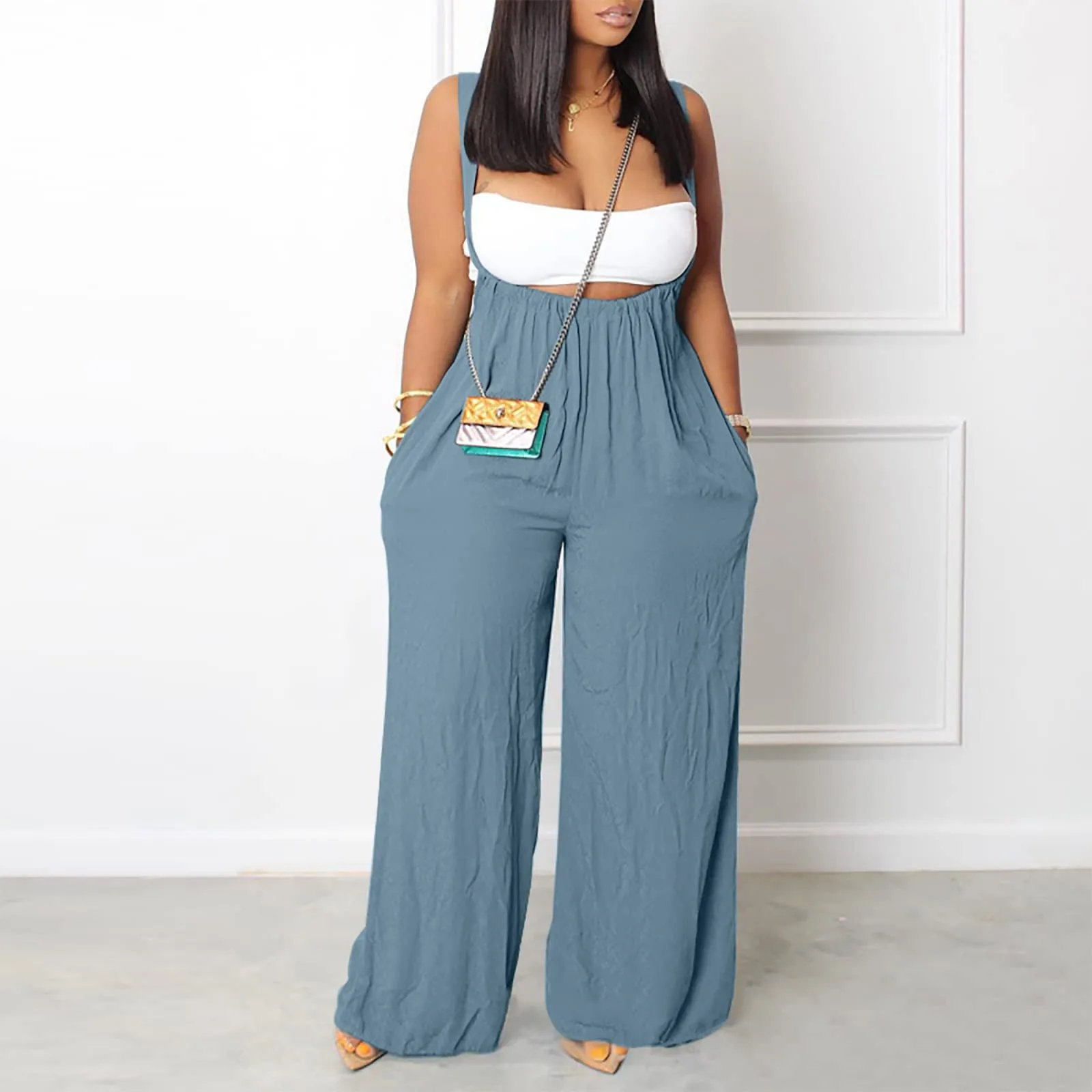 Plus Size Women Summer Solid Suspender Jumpsuit - The Little Connection