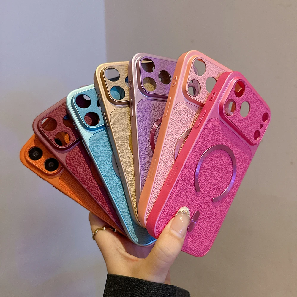Vintage-Style Leather Magnetic Wireless Charger Case with Full Lens Protection and Shockproof Bumper
