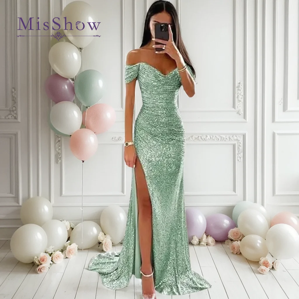 MisShow Women Sequin Prom Dresses Elegant Off-Shoulder Mermaid Slit Evening Party Maxi Gowns robes de soir&eacute;e