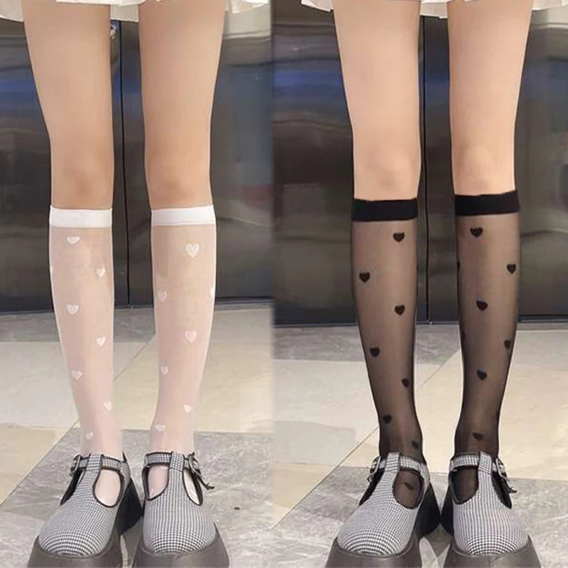Lolita Sexy JK Women Stocking Hollowed Out Lace Mesh Stockings Love Heart See Through Black Stocking Girl Uniform Thin Long Sock