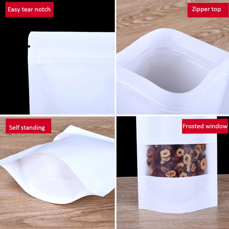 50/100 Stück weiße Kraftpapier-Standbeutel mit Fenster, für Süßigkeiten, Nüsse, Tee, Feiertage, Weihnachten, Partygeschenke, Verpackungsbeutel – Detail 10