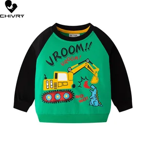 New 2023 Kids Spring Autumn Fashion Pullover Sweatshirt Baby Boys Cartoon Excavator Print Raglan Sleeve Sweatshirts Sports Tops