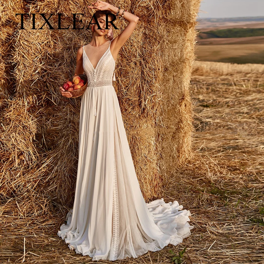 

TIXLEAR Modern A-Line Wedding Dresses V-Neck Chiffon Pearls Spaghetti Straps Illusion Court 2023 Vestido De Fiesta De Boda New