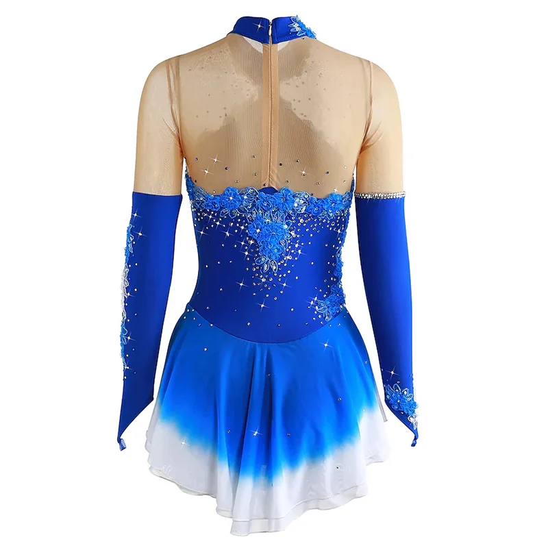 Figure Skating Dress Flower Long Sleeve Women Girls Competition Ice Skating Dress Purple Performance Dancewear With Rhinestone