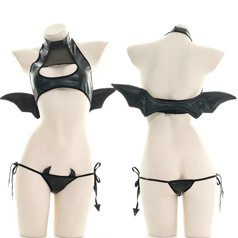 Lolita Anime Girls Sexy Devil Cosplay Hollow Out Bandage Patent Leather Kawaii Wings Uniform Women Costumes Lingerie Set Gifts women lingerie women lingerie set women cosplay costume