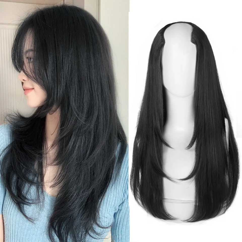 

BUQI 22inch long synthetic Long straight hair 4 clip in hair extension u type wig black natural wig for women