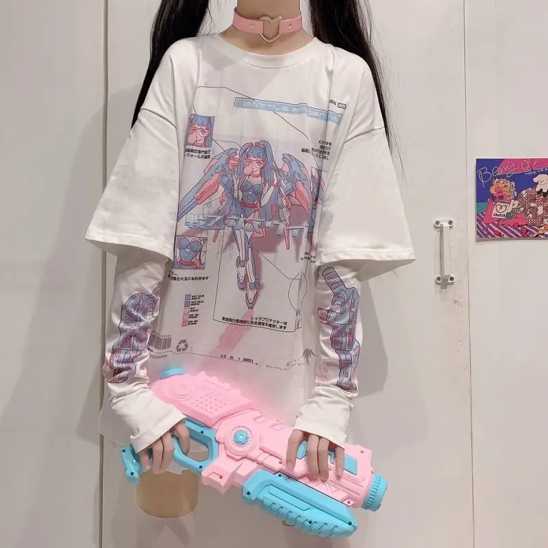 QWEEK Anime Graphic T Shirts Women 2022 Egirl Summer Split Sleeves Tees Shirt Femme E Girl Top Mujer Alt Clothes Aesthetic vintage t shirts