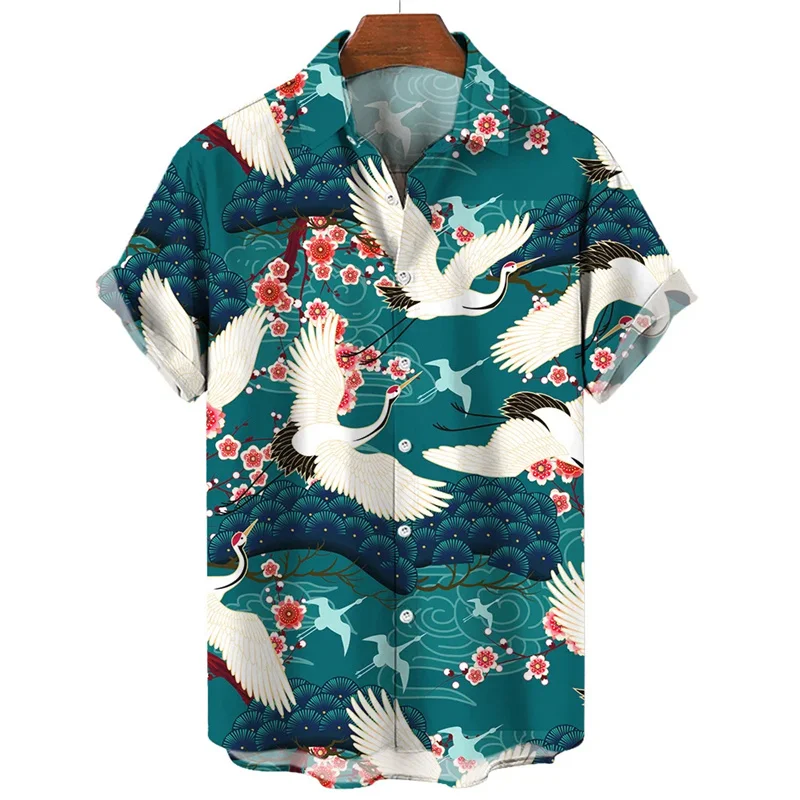 Retro Animal Hawaiian Shirt Men 3d Crane Print Short Sleeved Loose Casual Oversized Shirts Street Harajuku Tops Button Blouse 3