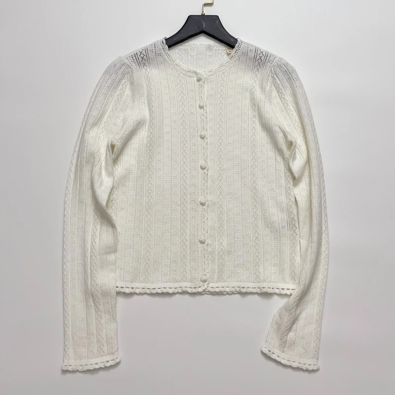 

2023 Summer New Solid Color Sweet Round Neck Women Hollow Knit Long-sleeved Cardigan