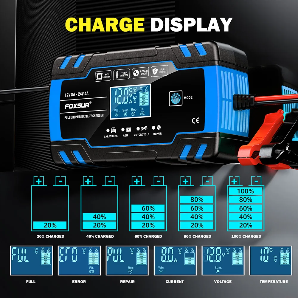FOXSUR Autobatterieladegerät 12V 8A 24V 4A Touchscreen Pulsreparatur LCD Schnelles Aufladen Nass Trocken Bleisäure Digitales LCD-Display – Detail 12