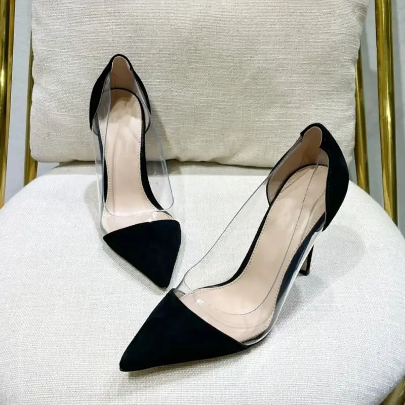 New pointed high heels, women's thin heels, nude transparent single shoes, versatile and sexy patchwork women's shoes