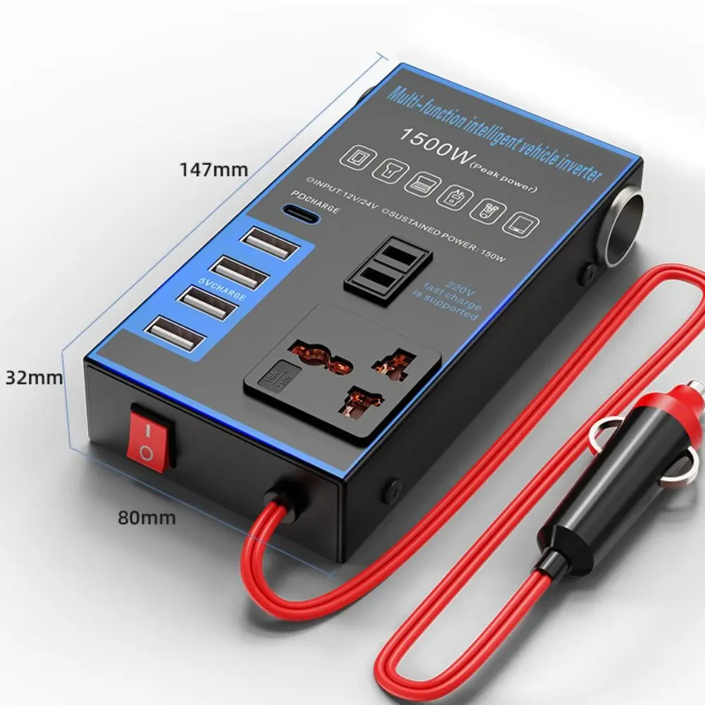 휴대용 범용 자동차 인버터 DC 12V/24V에서 AC 220V 고출력 자동차 변환기 소켓 4 USB/PD 1500W 전원 어댑터