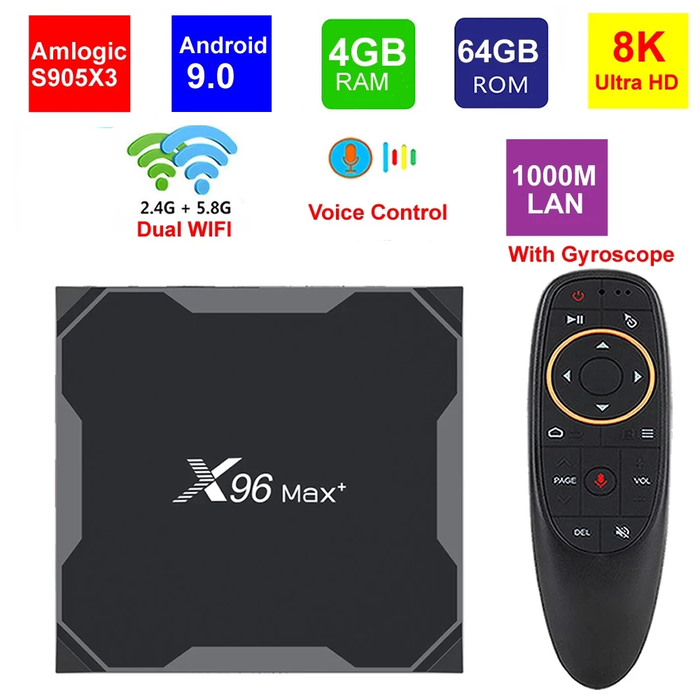 

X96 Max Plus 8K Smart TV Box Amlogic S905X3 Quad Core 4GB 64GB Android 9.0 5G Dual WIIF BT4.0 1000M Lan 8K HDR H.265 Set top box