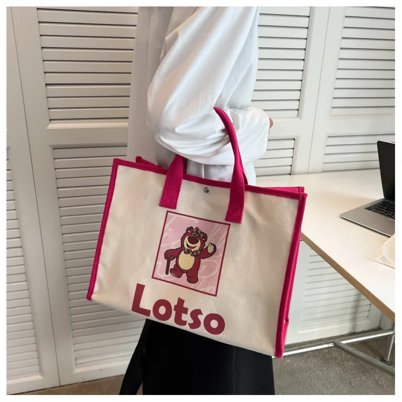 

2023 New Disney Lotso Students Class Summer Large Capacity Canvas Bag Fashionable Cartoon Commuter Tote Bag Single Shoulder Bag