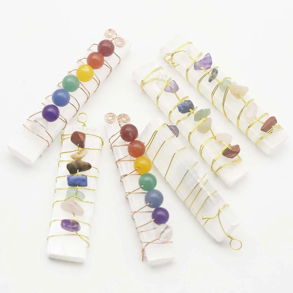 Natural Raw Stone Gypsum Winding 7Color Stone Pendant DIY Gypsum Long Strip Mineral Crystal Pendant Wholesale 6Pcs Free Shipping