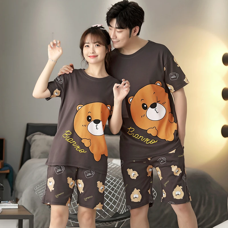 

Summer Couple Pajamas Sets Women Pijama Cotton Korean Men Sleepwear Cartoon Bear Cute Lovers Night-Clothes Nightwear 5XL