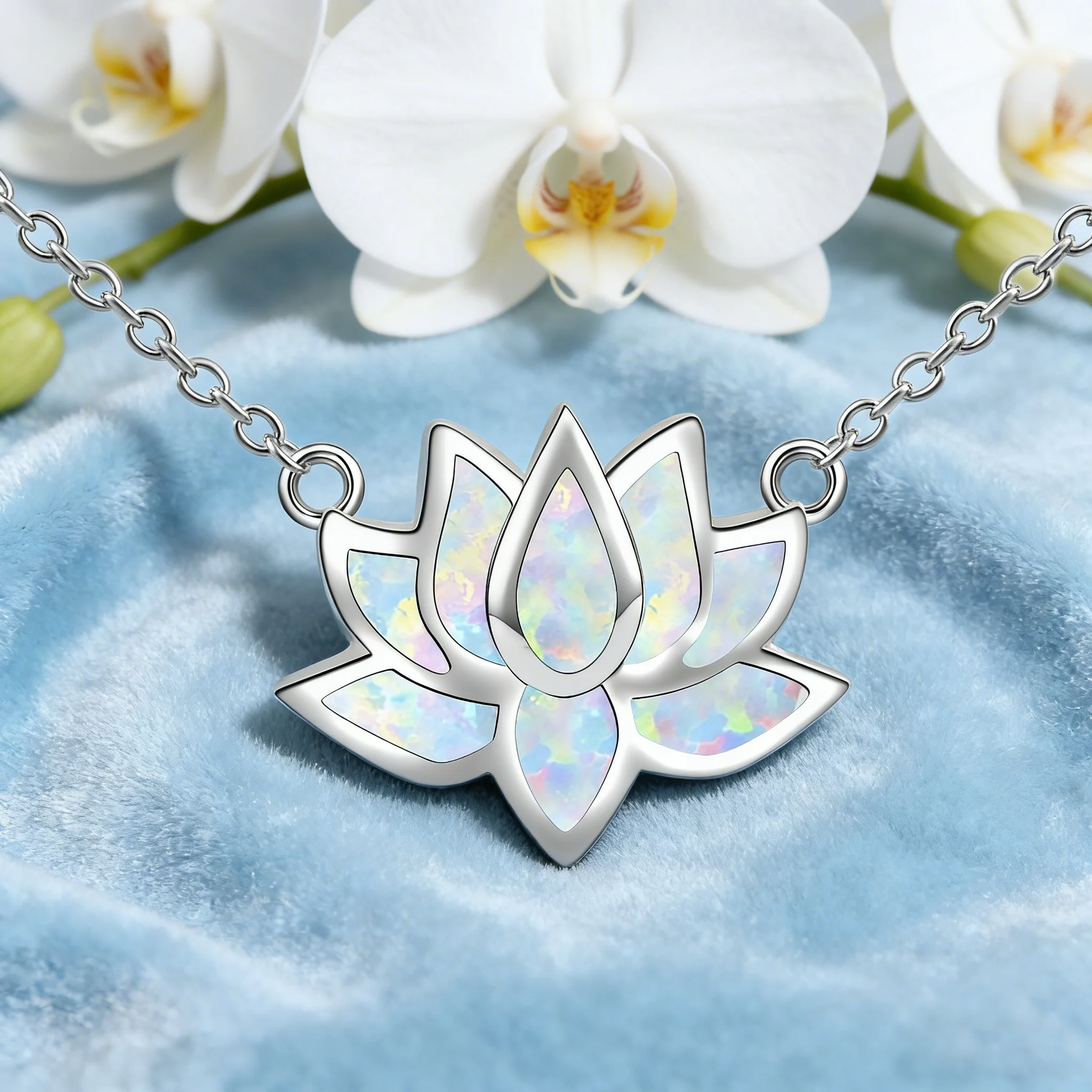 Zierliche Halskette mit Lotusblüten-Anhänger, Liebesherz-Design mit weißem Opal und silberfarbener Kette, Valentinstags-Geburtstagsgeschenk für Frauen – Detail 12
