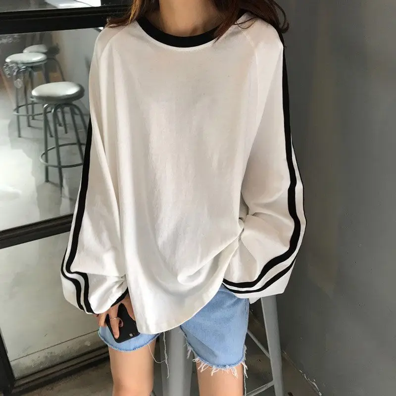 

Trend Striped Patchwork T Shirt Tops Spring Autumn New Long Sleeve Loose Solid Simplicity Pullovers Fashion Casual Women Clothes
