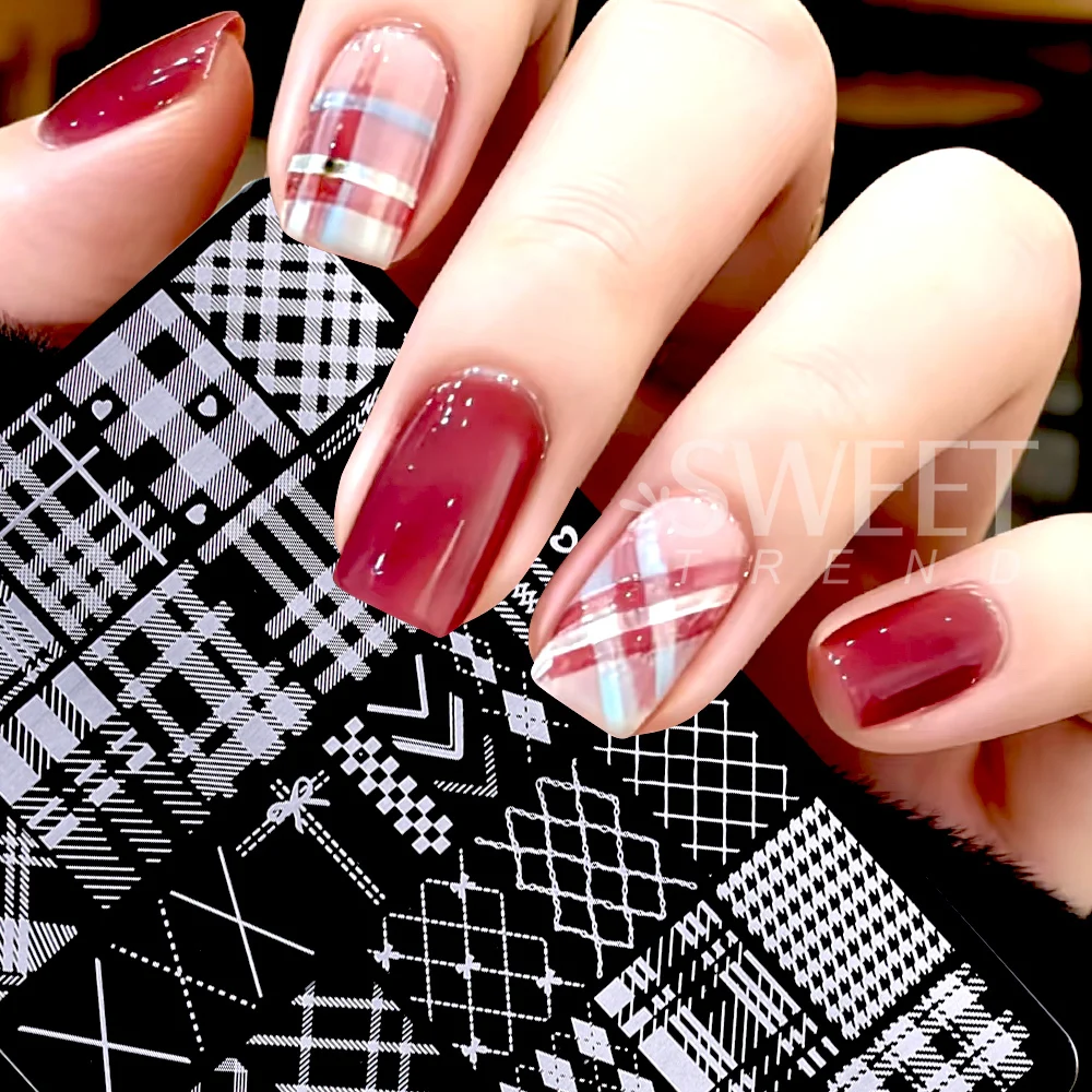 SWEET TREND-우아한 그리드 네일 스탬핑 플레이트 14.5X9.5cm 격자 무늬 라인 스트라이프 디자인 DIY 인쇄 네일 아트 플레이트 매니큐어 도구