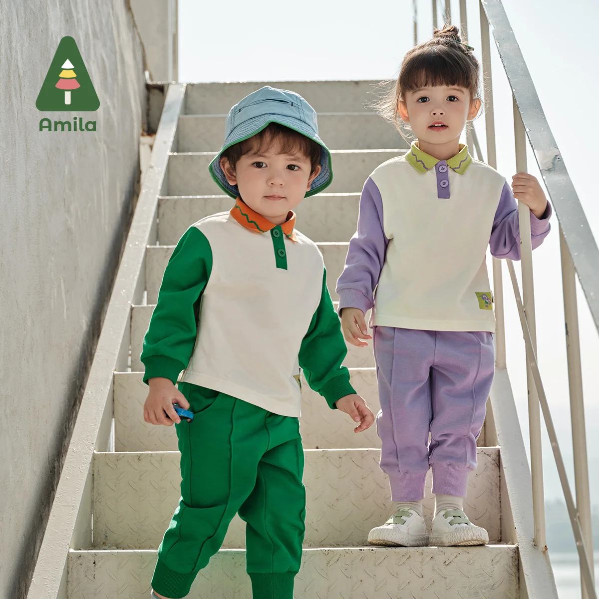 Amila Baby Suit Spring New Splicing Contrast Polo Collar Elastic Breathable Casual Boys & Girls Outfit kids clothes set baby girl clothing set